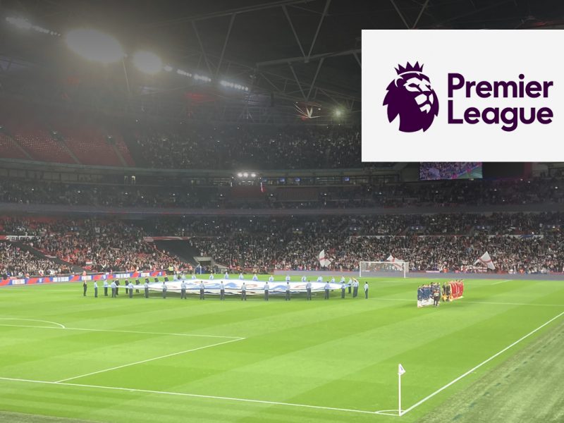 Premier League logo in a white box over an image of an England mens football match at Wembley Stadium, London