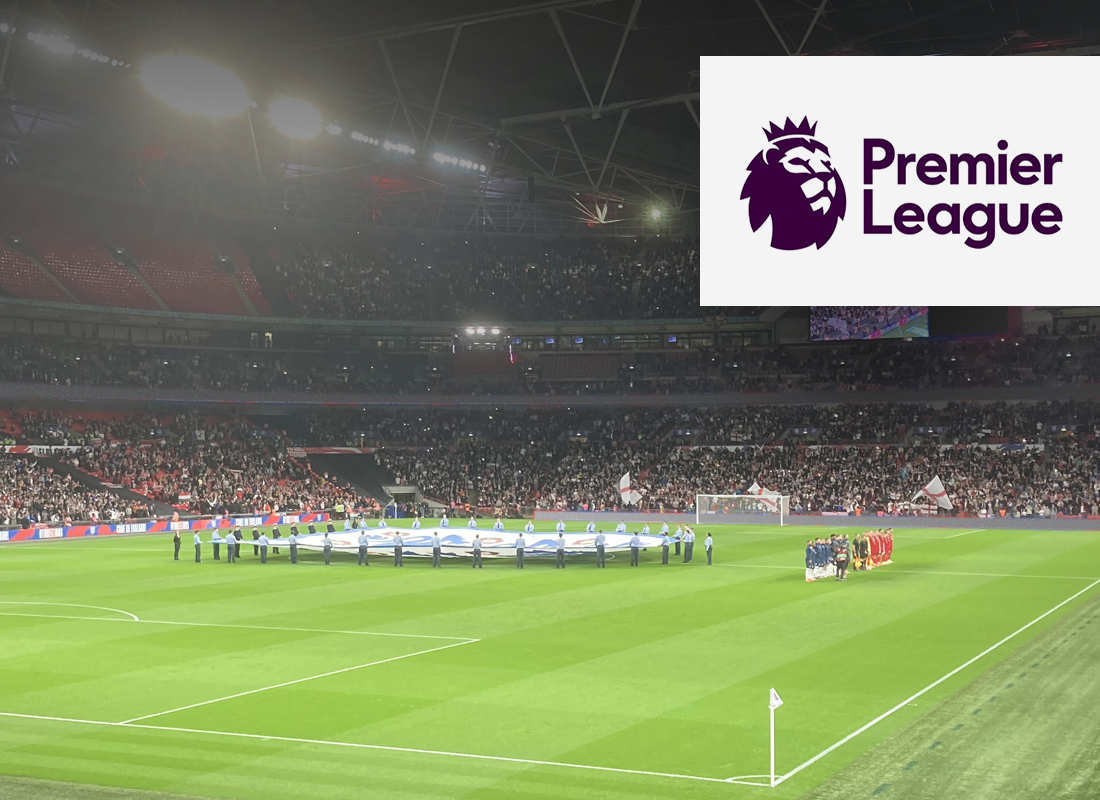 Premier League logo in a white box over an image of an England mens football match at Wembley Stadium, London
