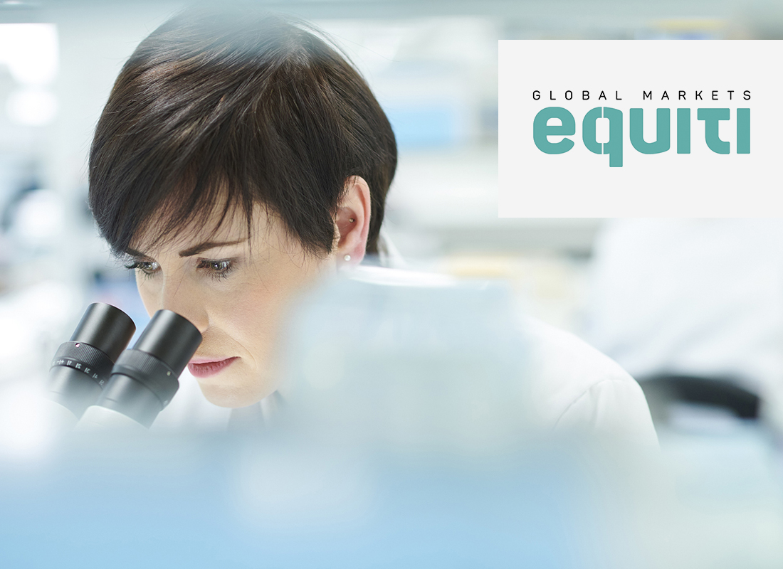 Equiti logo in a white box over an image of a female scientist looking into a microscope in a busy research lab